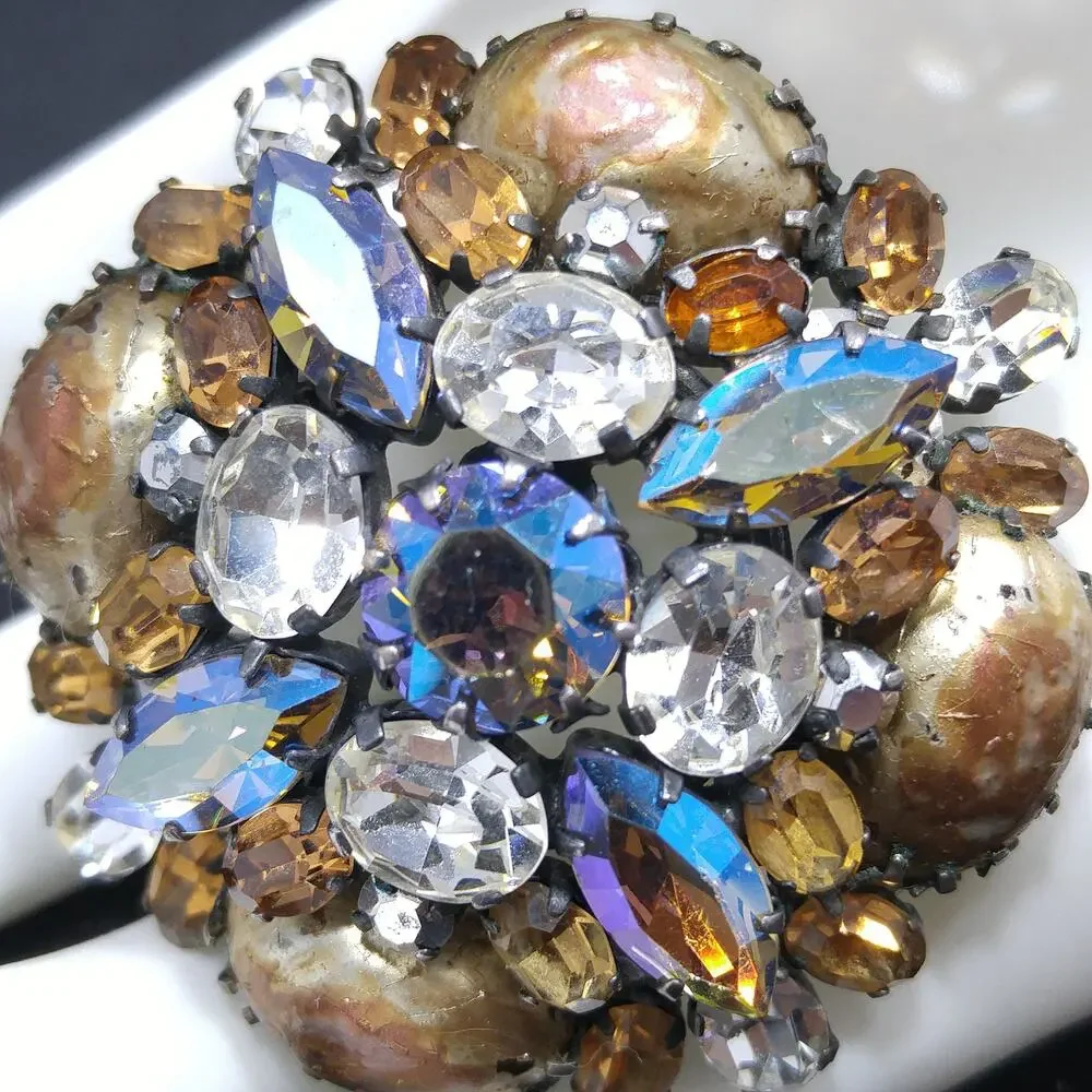 Austrian Brooch, Topaz Clear Rhinestones, Faux Baroque Pearls, 1950s Vintage